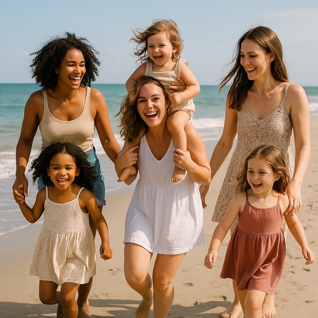 Mothers and children enjoying beach vacation